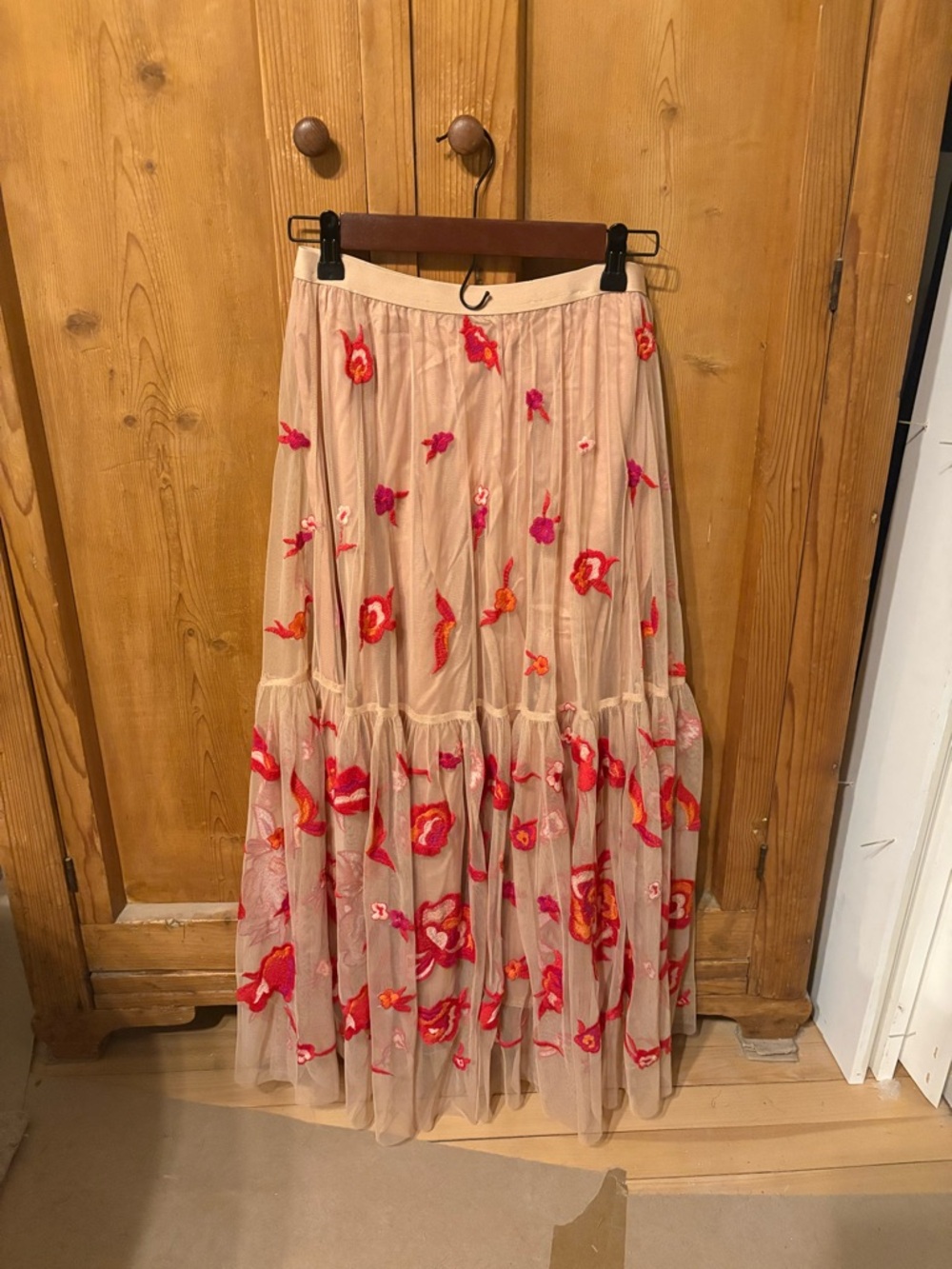 Maeve Beige Maxi Skirt with Red & Pink Floral Embroidery